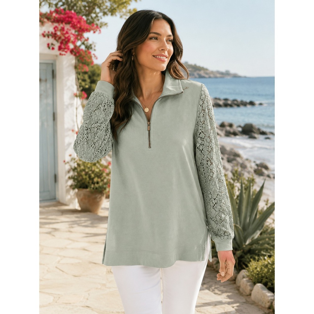 Soft Surroundings Crochet Sleeve French Terry Quarter Zip Pullove | Size S | NWT